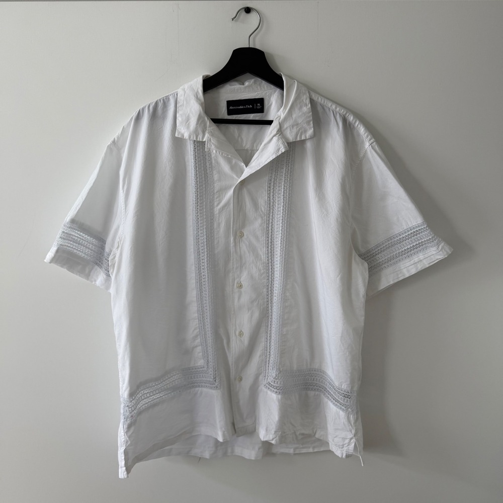 Abercrombie & Fitch Mens XL White Lace Guayabera Camp Collar Cabana Shirt Cotton